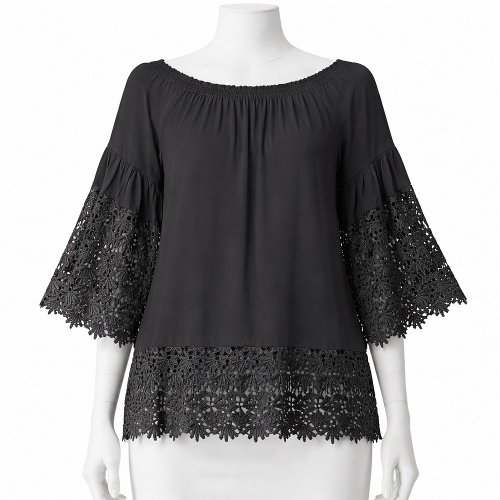 Colleen Lopez Blouse Womens PM Black Boho Lace Trim Off Shoulder Bell Sleeve Top